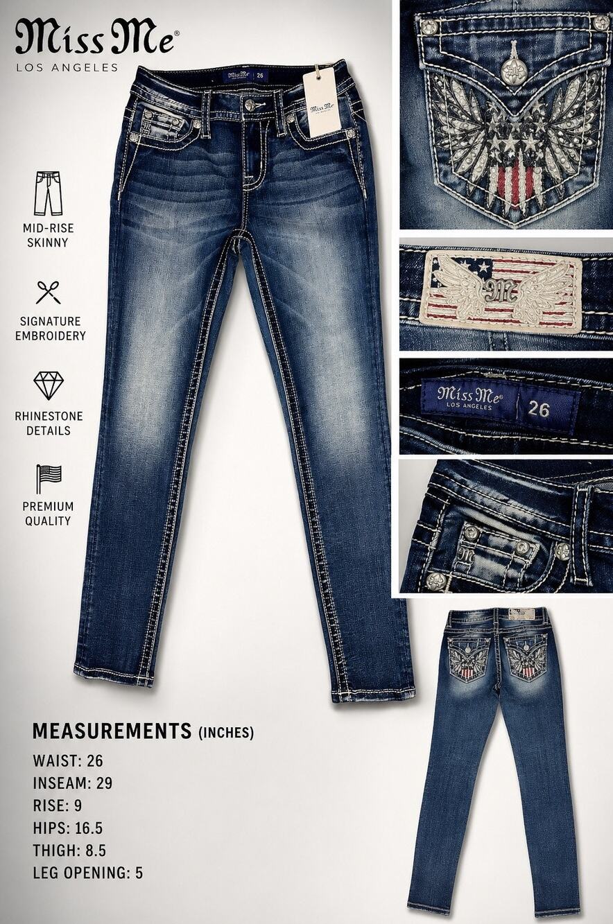 Miss Me Mid Rise Skinny Jeans 26x29 Eagle Flag Rhinestone Flap Pockets NWT
